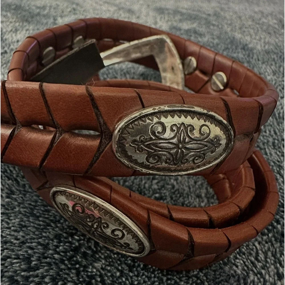 Brighton Belt Braided Brown Leather 5‎ Medallions Plus Buckle Western S VTG